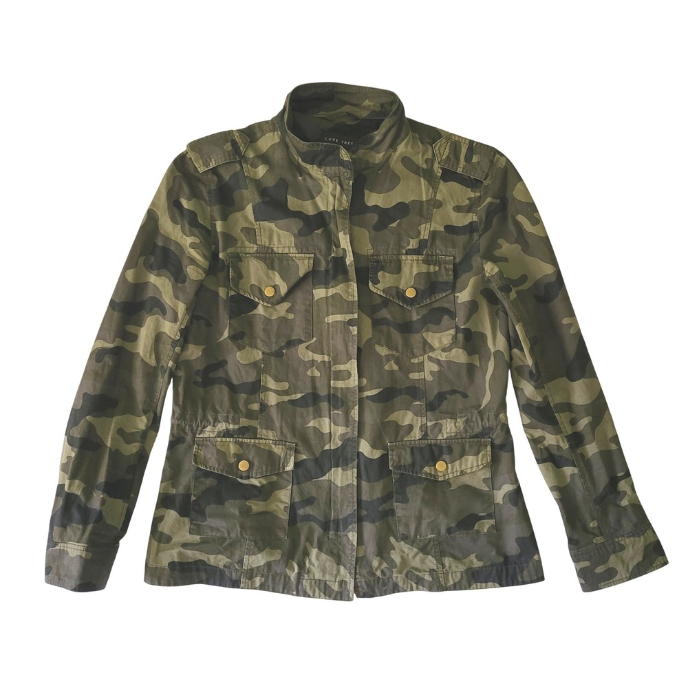 Love Tree Camo Utility Jacket Women's Large Full Zip Mock Neck Army Green L